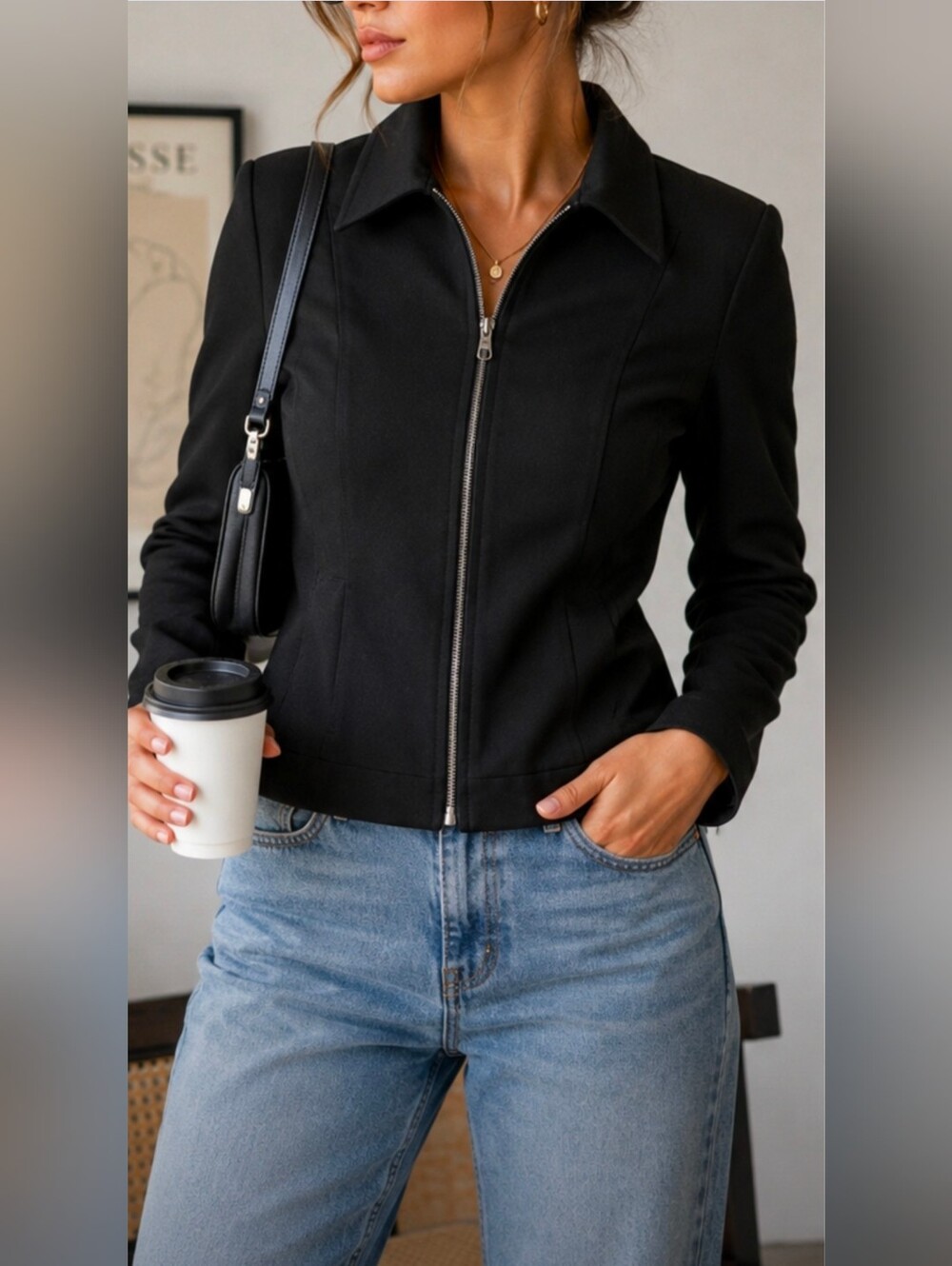 Vintage Ann Taylor LOFT Stretch Black Zip Front Jacket Women’s Size 6 Y2K
Descr